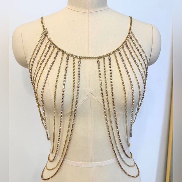 ALTEREDREAMS Gold Rhinestone Body Chain Top | Festival Rave Harness | Statement - Picture 3 of 9
